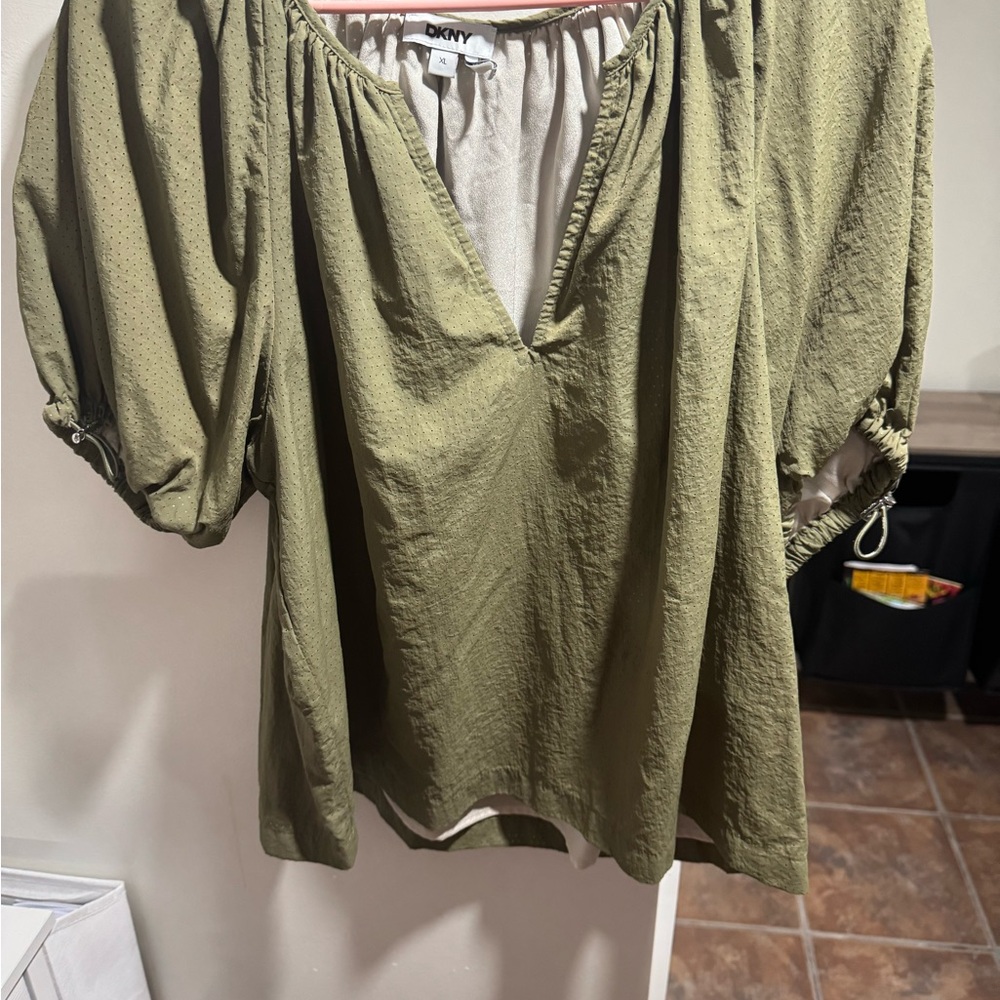 DKNY Sage Green Blouse with Puff Sleeves